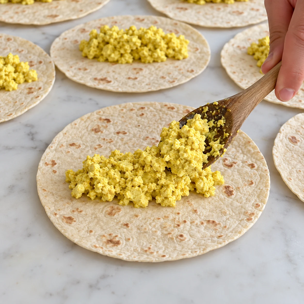 Cuillère déposant du tofu brouillé jaune au centre d’une petite tortilla souple.