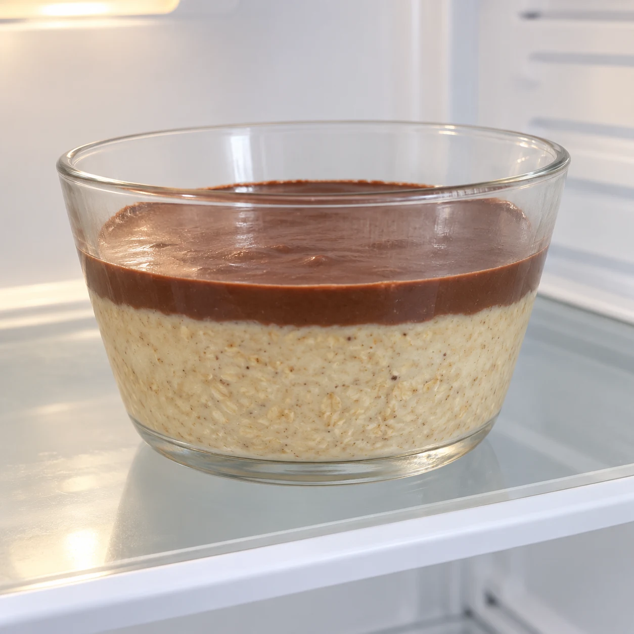 Bol de porridge en deux couches distinctes posé sur une clayette propre du réfrigérateur.