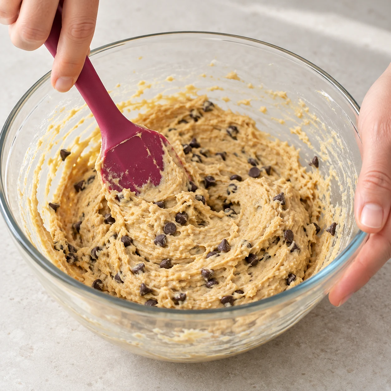 Remue la pâte à la spatule pour répartir les pépites.