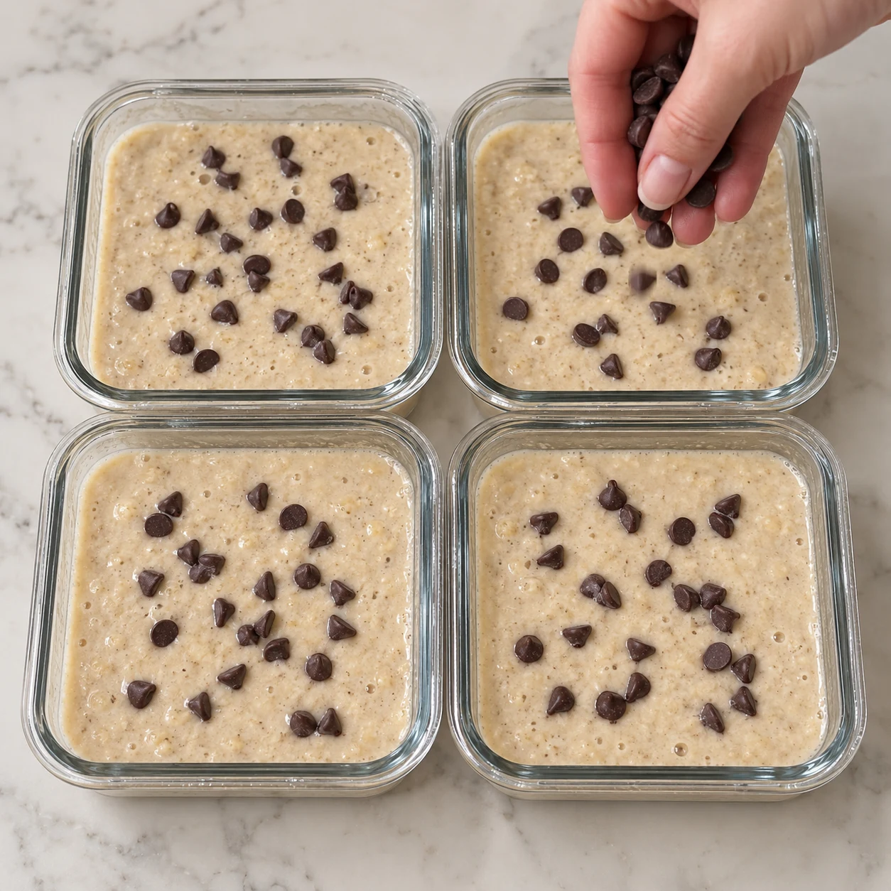 Une main répartit quelques pépites noires sur les quatre pâtes beiges, sans fruits rouges.
