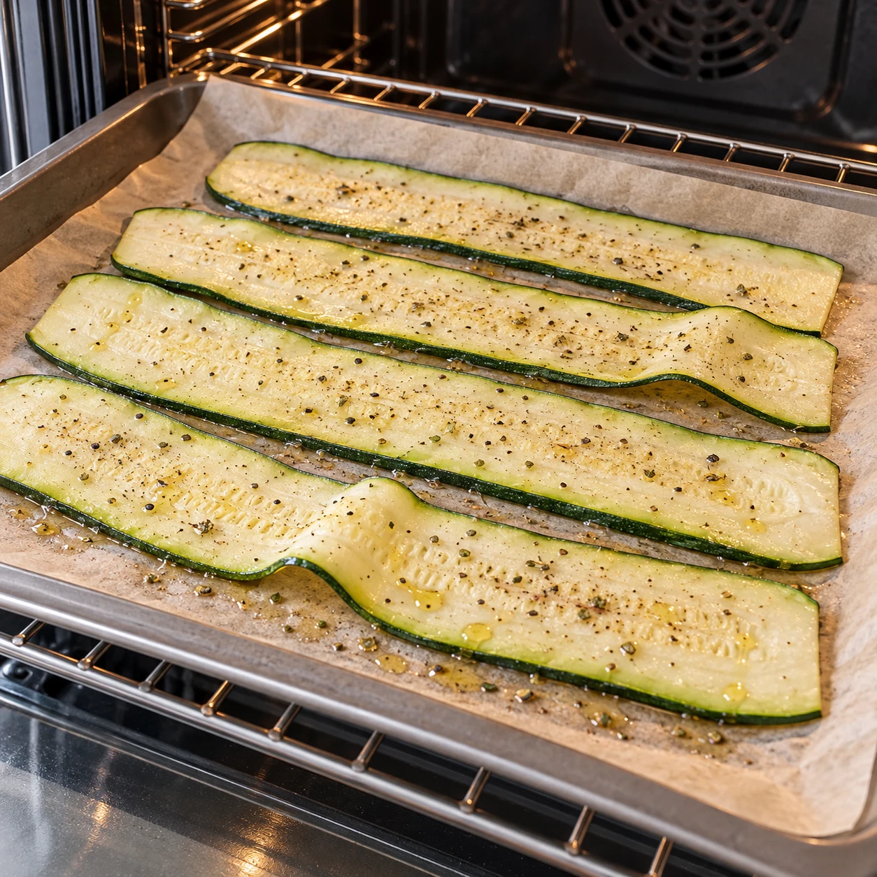 Assouplir les courgettes : Les lamelles s’assouplissent et se plient sans casser. Une seule phase culinaire, plan de travail pierre pâle, lumière naturelle, aucun texte.