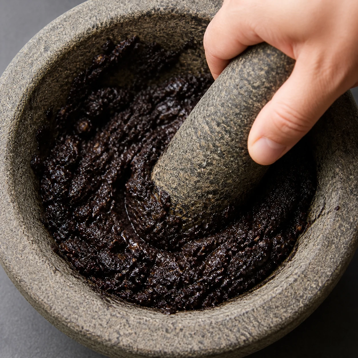 Pâte d’olives noires en cours de pilage dans un mortier, texture épaisse et légèrement granuleuse.