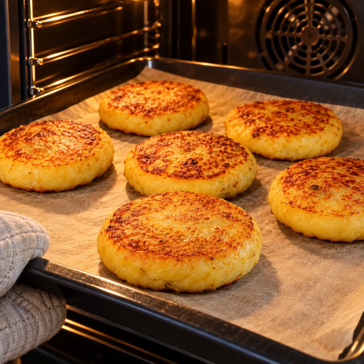 Dispose les galettes dorées sur une plaque avec du papier cuisson et enfourne 10 minutes à 180 °C, chaleur tournante. Variante de cuisson sourcée : prolonge plutôt 8 minutes dans la poêle couverte à feu moyen. Montrer le geste et l’état attendu : Les galettes sont dorées, légèrement gonflées et chaudes au cœur.