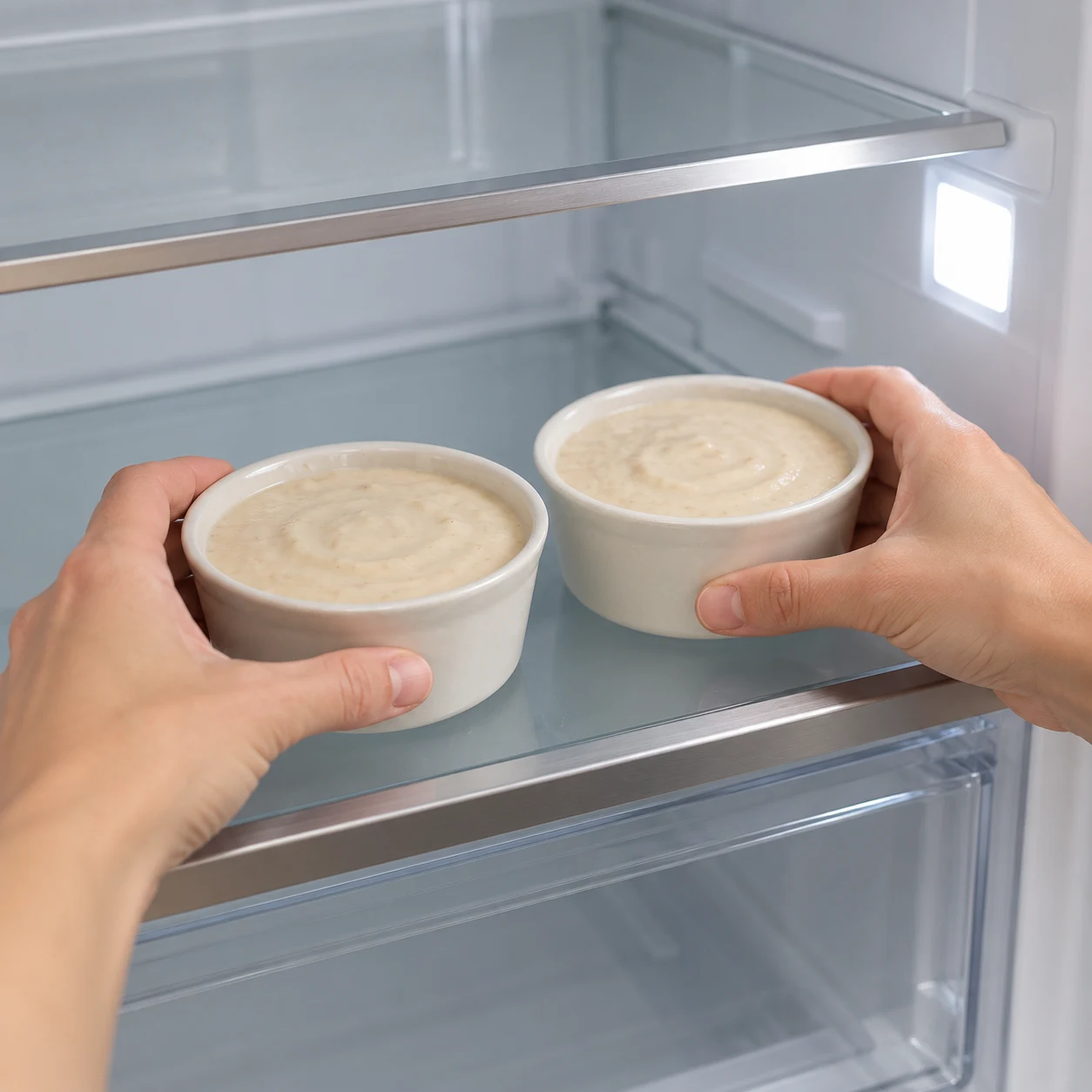 Deux ramequins de crème beige sans cacao sont placés au réfrigérateur ; mains anonymes uniquement.