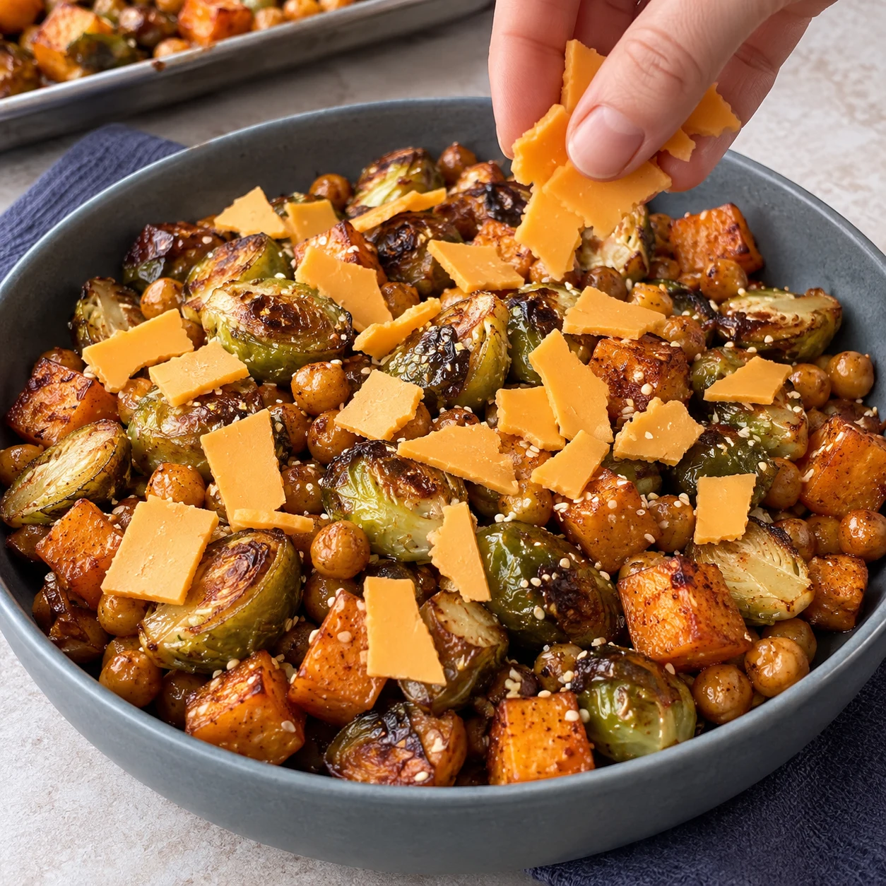 Main ajoutant de petits morceaux orangés de tranches végétales sur le plat de choux rôtis, patate douce et pois chiches.