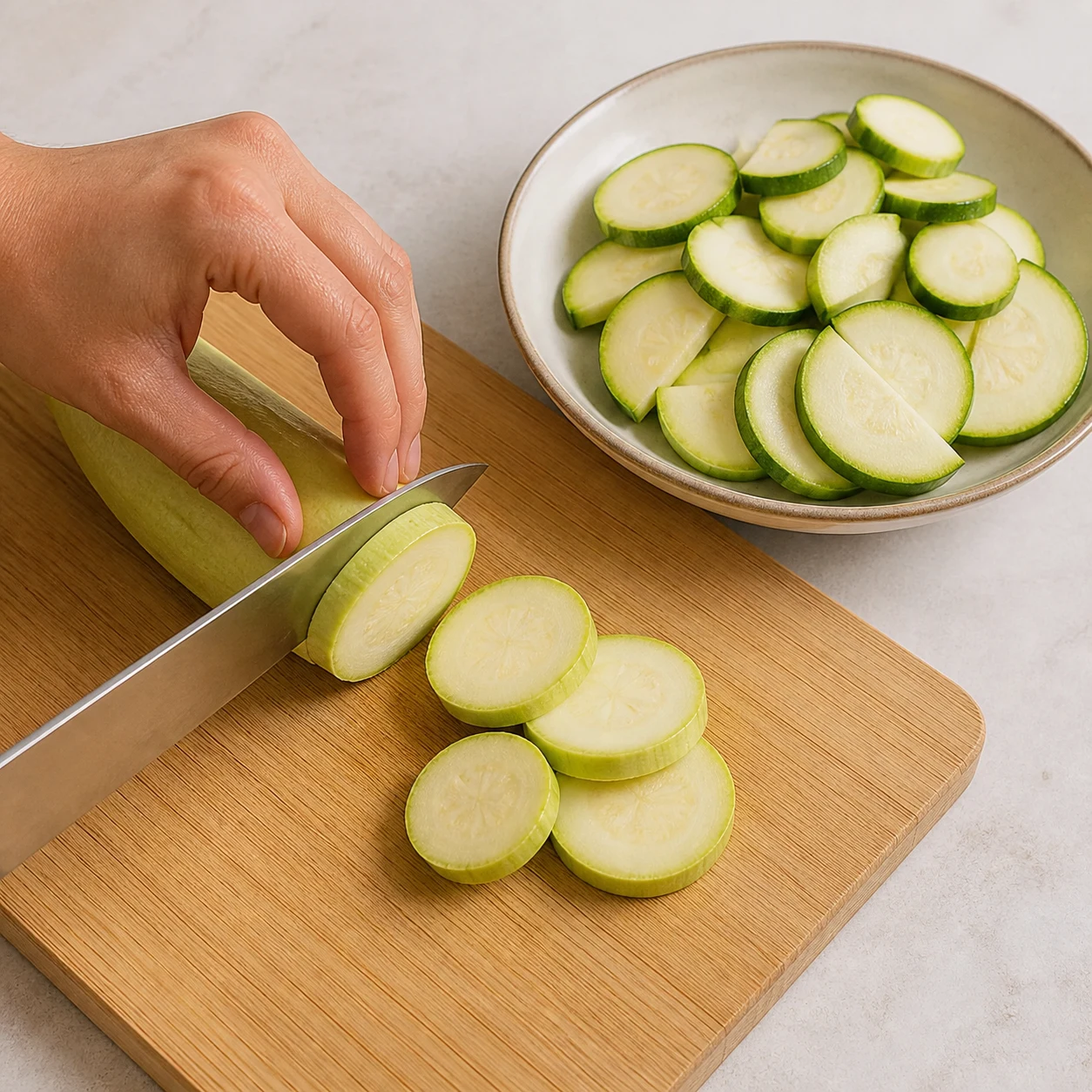 Rondelles et demi-rondelles de courgette crue régulières dans un plat séparé sur une planche claire.