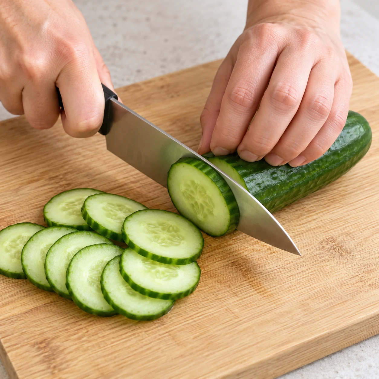 Demi-concombre frais tranché en rondelles avec couteau sûr.
