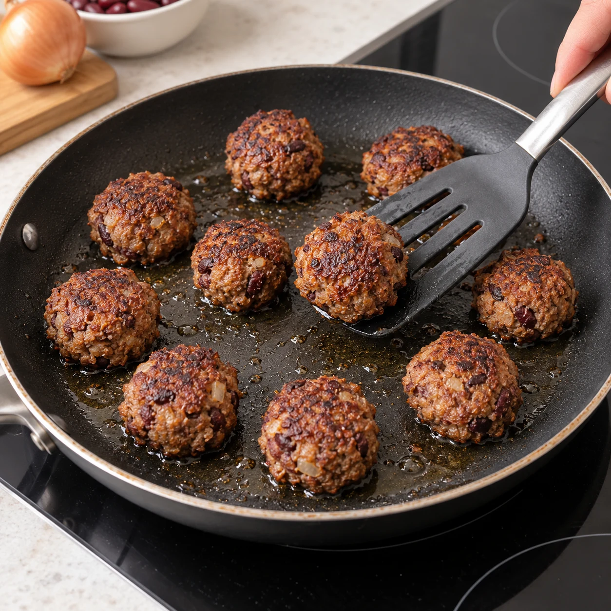 Dix boulettes végétales brunes en train de dorer dans une poêle noire légèrement huilée.