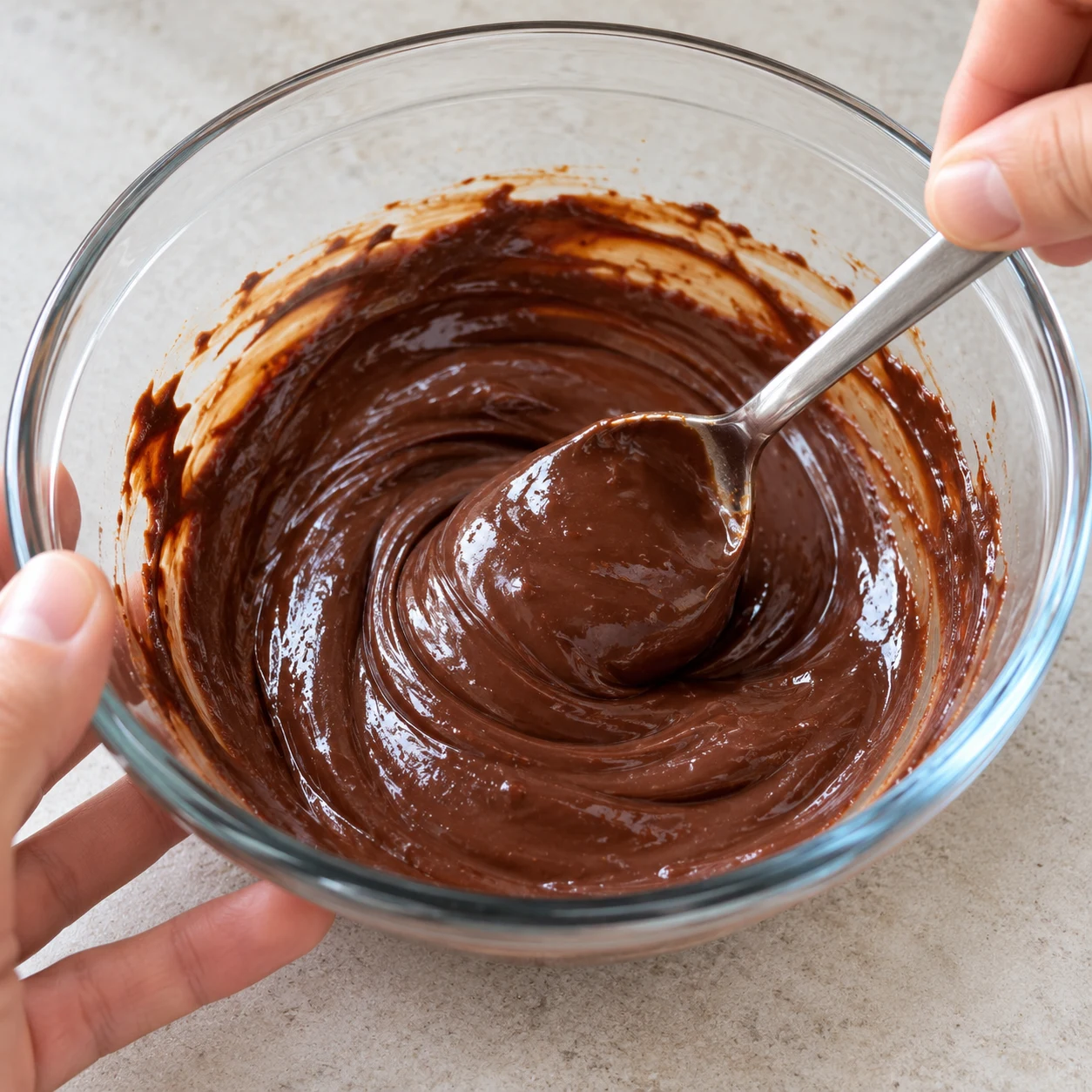 Bol en verre avec du chocolat noir fondu et de la purée de cacahuète en train d'être mélangés à la cuillère, marbrures brun foncé et beige.