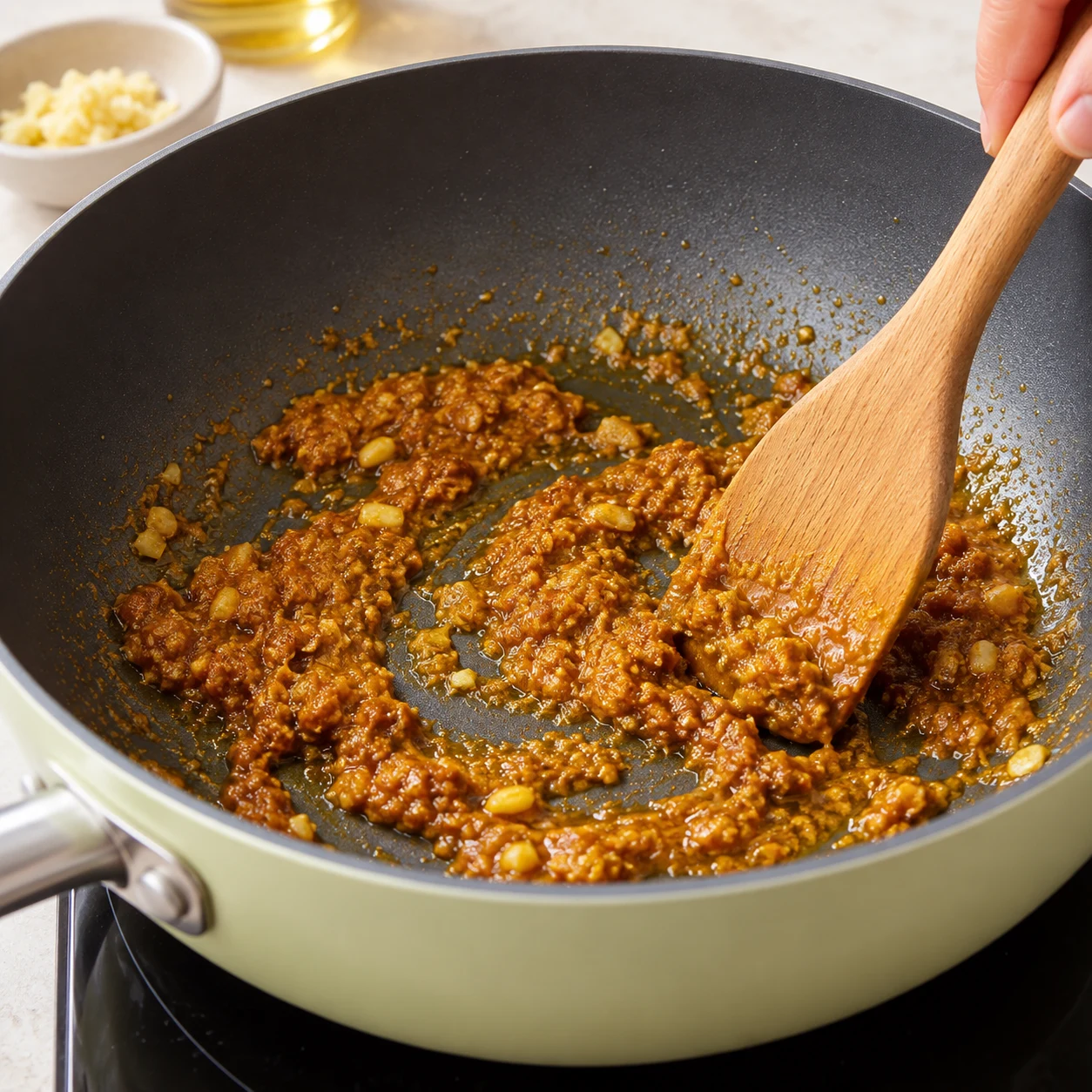 Chauffer la pâte de curry. Ajoute les 36 g de pâte de curry doux et remue quelques secondes pour libérer ses arômes. Résultat : La pâte de curry est répartie dans l’huile parfumée.. Uniquement : Ail frais, Huile de tournesol, Pâte de curry doux. Aucun ingrédient futur.