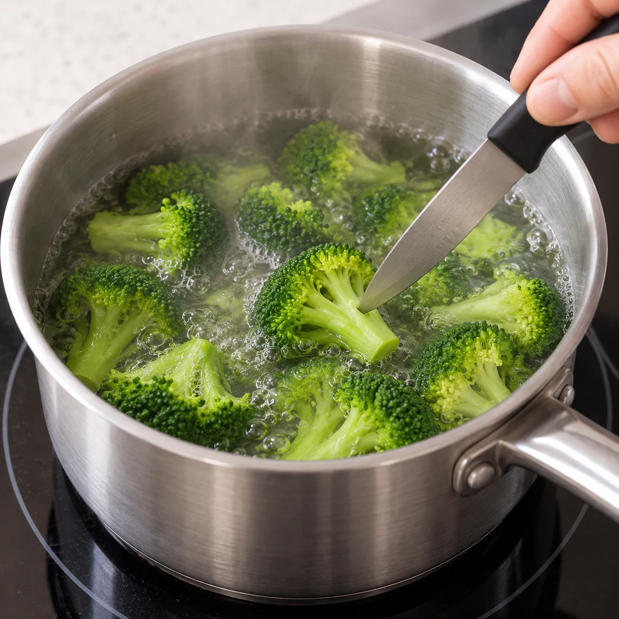 Cuire le brocoli : La pointe du couteau pénètre dans les tiges des fleurons sans résistance dure. Photographie réaliste, ingrédients finaux uniquement, mains anonymes si le geste l'exige.