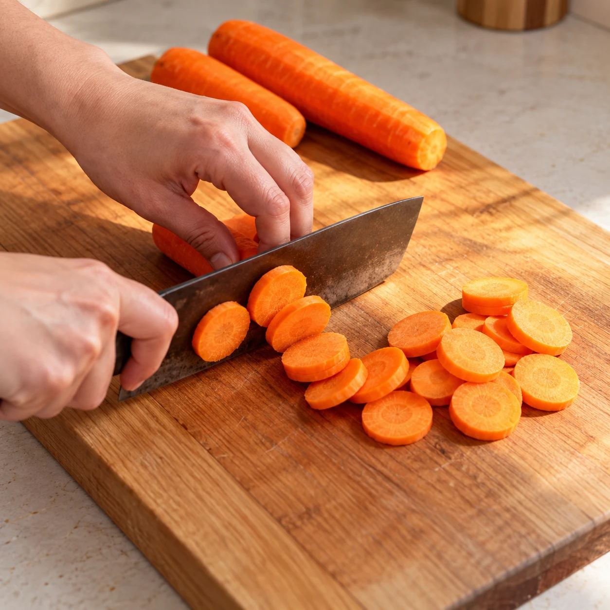 Coupe les 200 g de carottes en rondelles comme dans la recette d’origine. Montrer seulement les ingrédients présents à cette étape, fidèles à la capture source, dans un cadre de livre de cuisine neutre sans visage, texte ni marque. Adaptation validée : représenter des champignons de Paris blancs et une boule à épices contenant les herbes de Provence, uniquement lorsqu’ils sont présents dans cette étape.