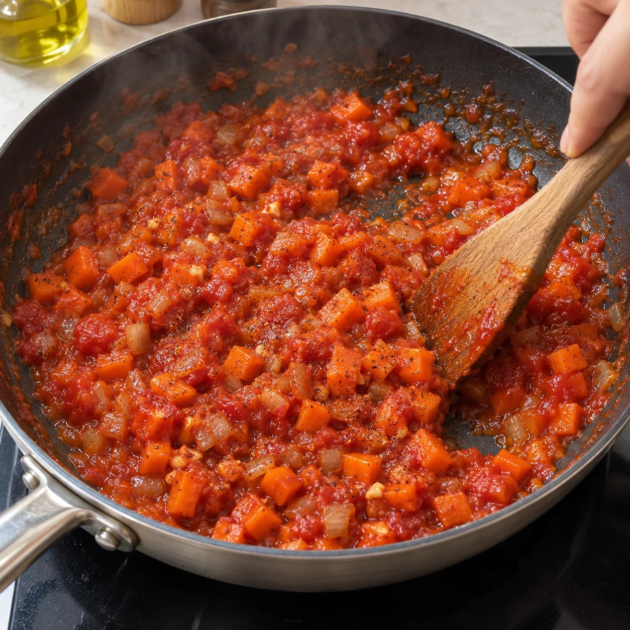 Spatule remuant une sauce tomate épaisse humide avec petits dés de carottes cuits ; aucun haricot encore.