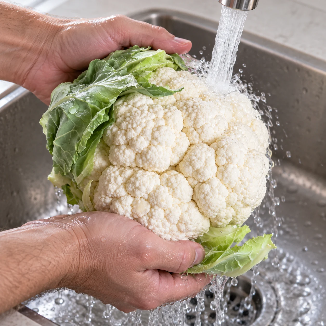 Mains adultes anonymes rinçant une tête de chou-fleur blanc sous un filet d’eau, évier propre.