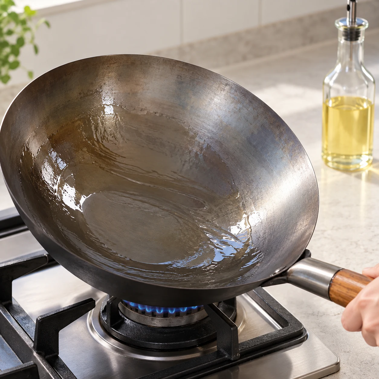 Huiler le wok — Un film d’huile recouvre la surface du wok.