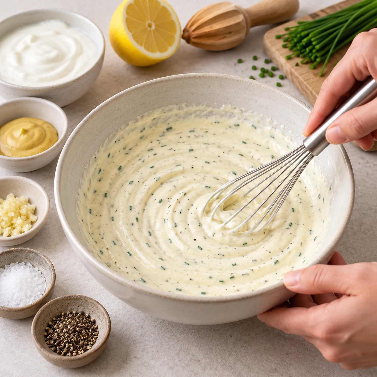 Sauce froide végétale au yaourt soja, moutarde, ail, citron et fines herbes, sans haché ajouté.