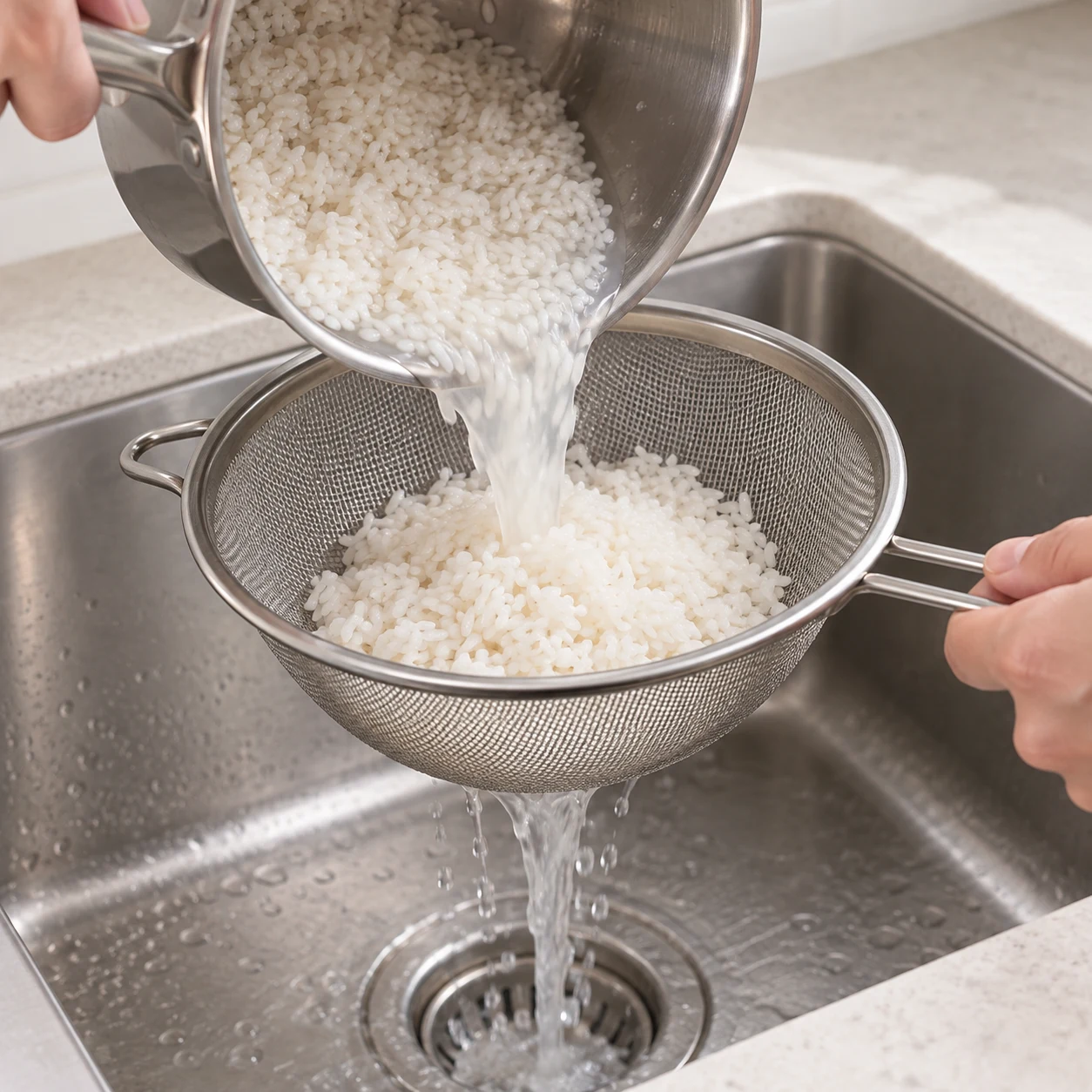 Riz blanc égoutté dans une passoire fine au-dessus d’un évier.