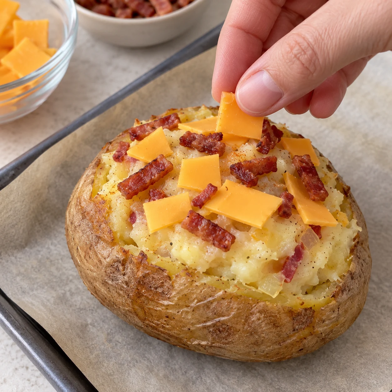 Garnir le dessus : Chaque pomme de terre porte un peu de cheddar végétal et de lardons sur sa farce.