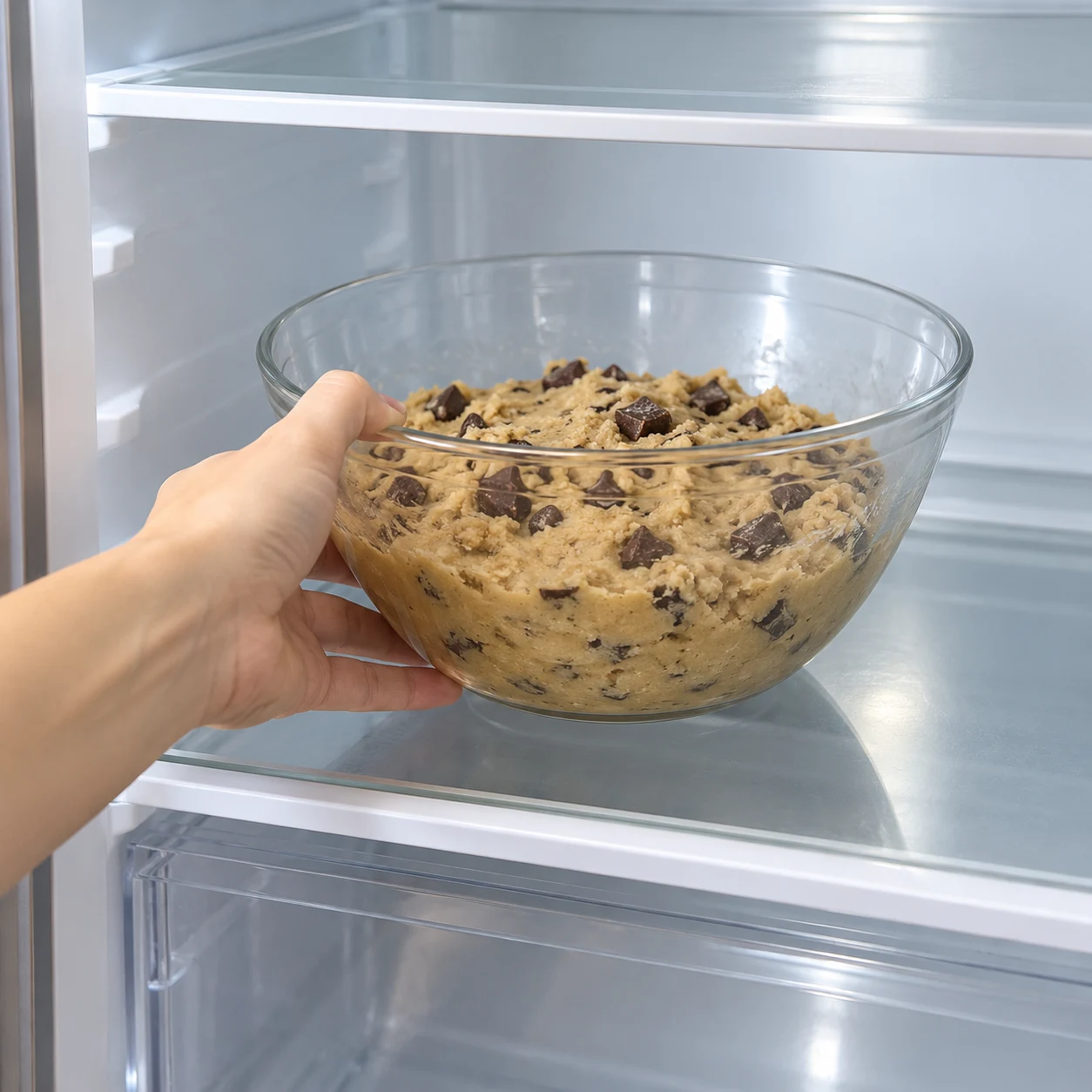 Saladier de pâte beige avec morceaux noirs déposé au réfrigérateur par une main anonyme.