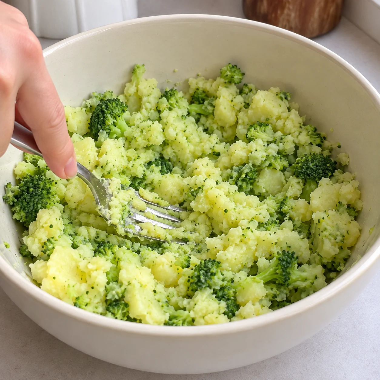 Fourchette écrasant les pommes de terre et le brocoli dans un saladier.