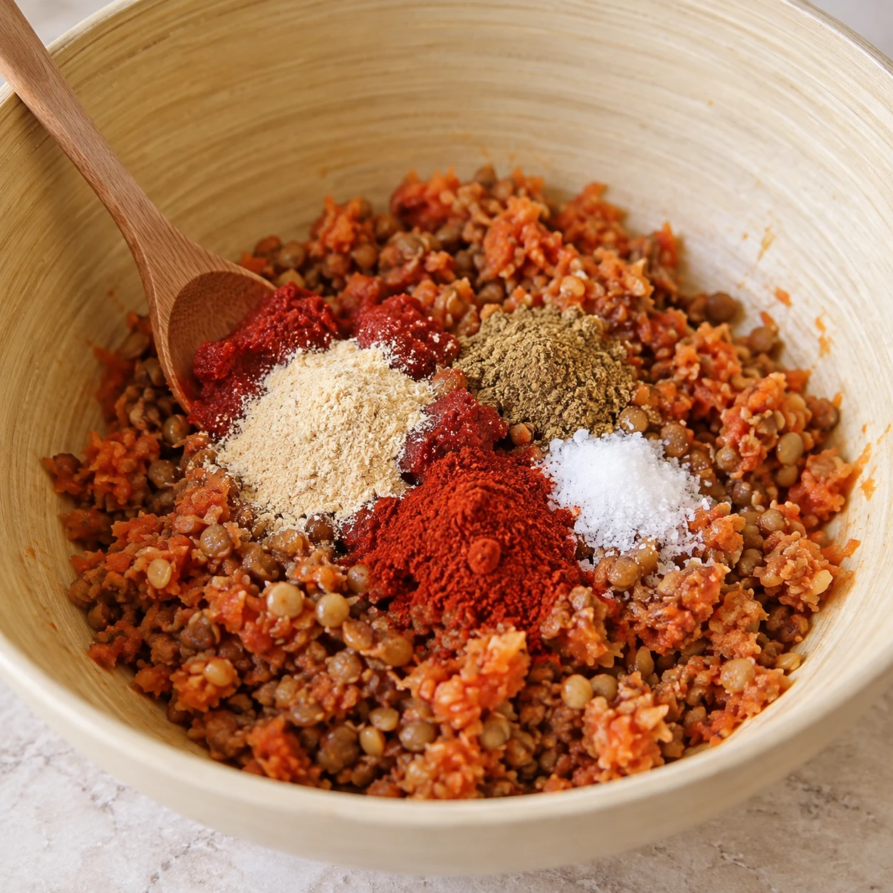 Cuillère et poudres d’aromates déposées sur lentilles, carottes et concentré.