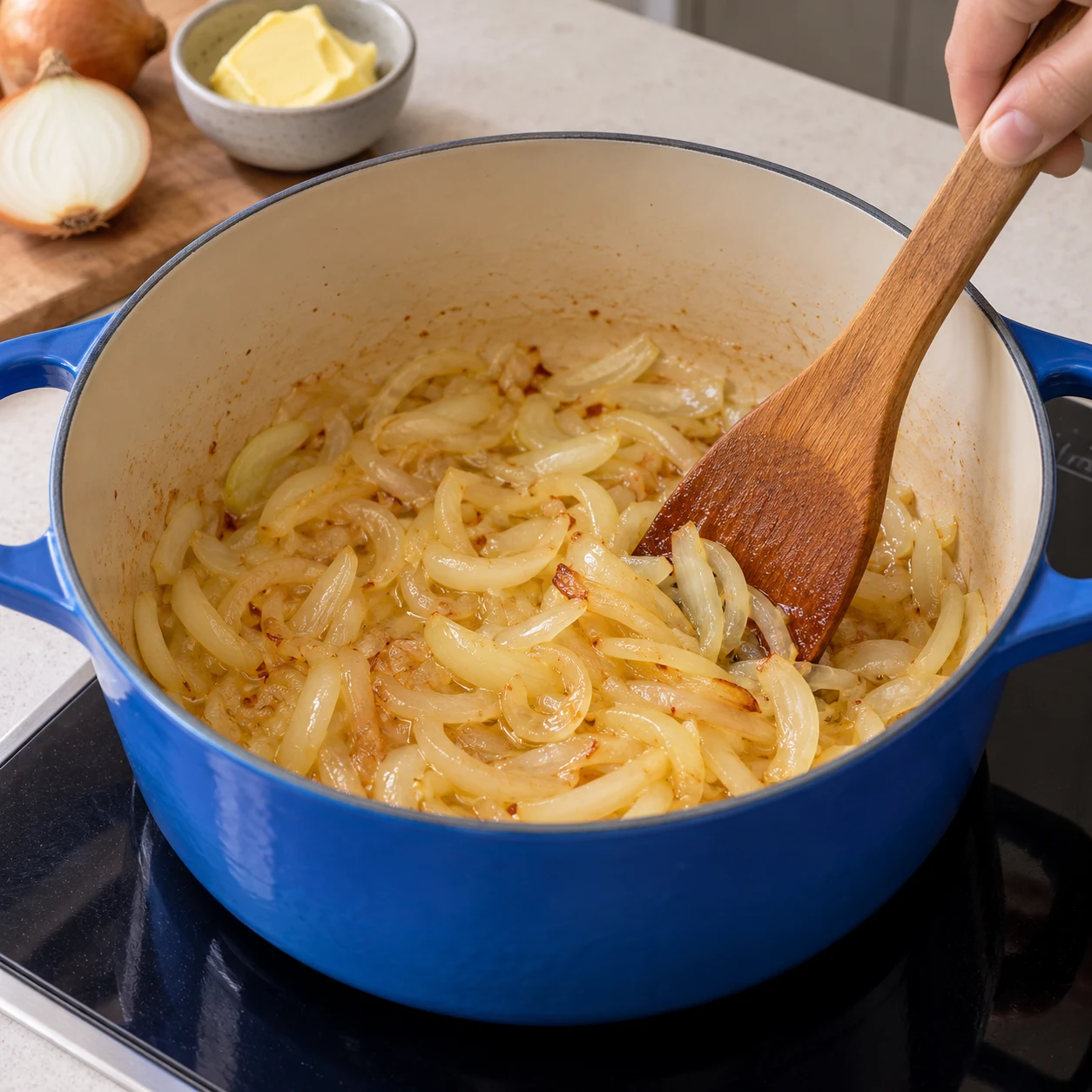 Spatule remuant des lamelles d’oignon dans la margarine fondue.