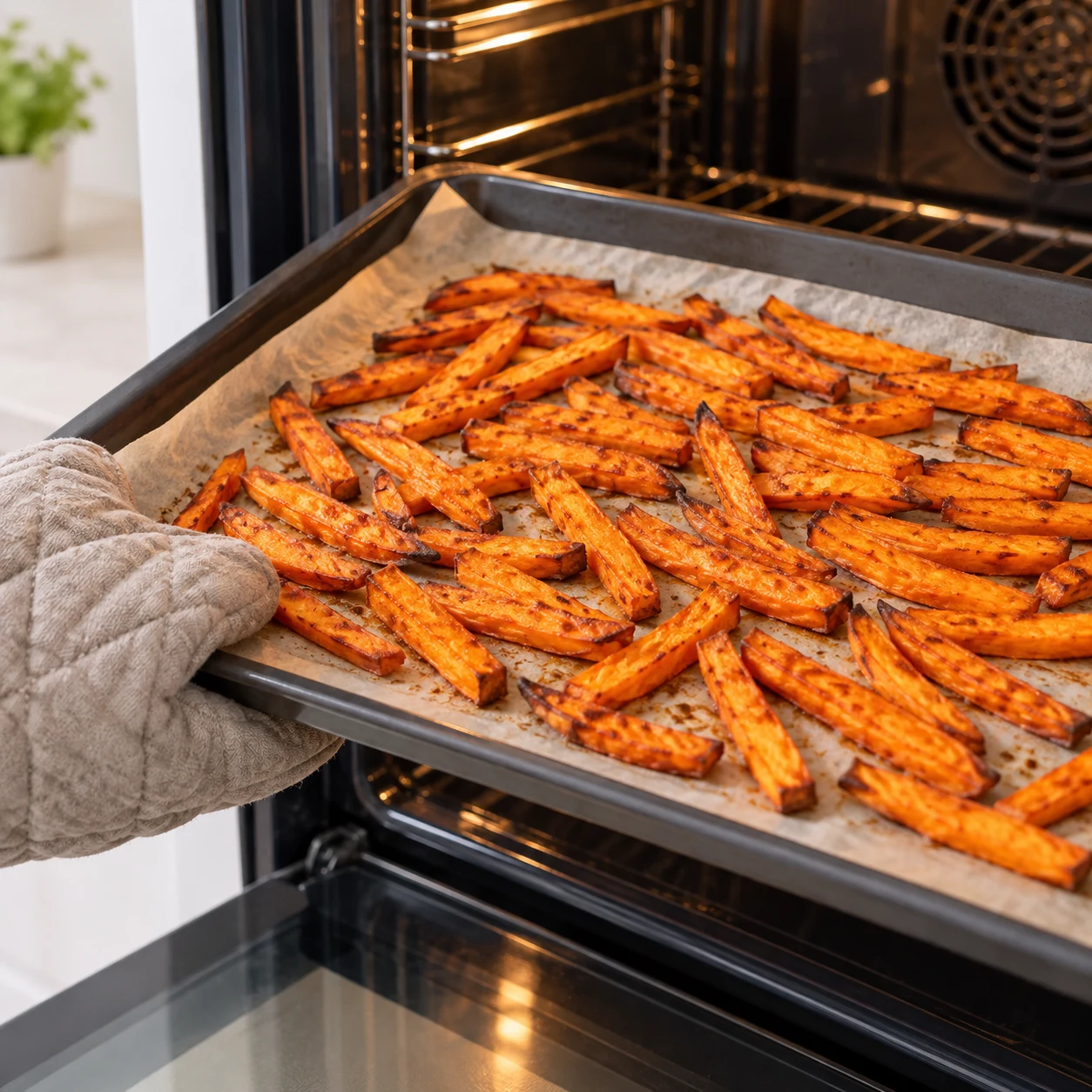 Cuire les frites de patate douce : Les frites sont tendres au centre avec des bords dorés.