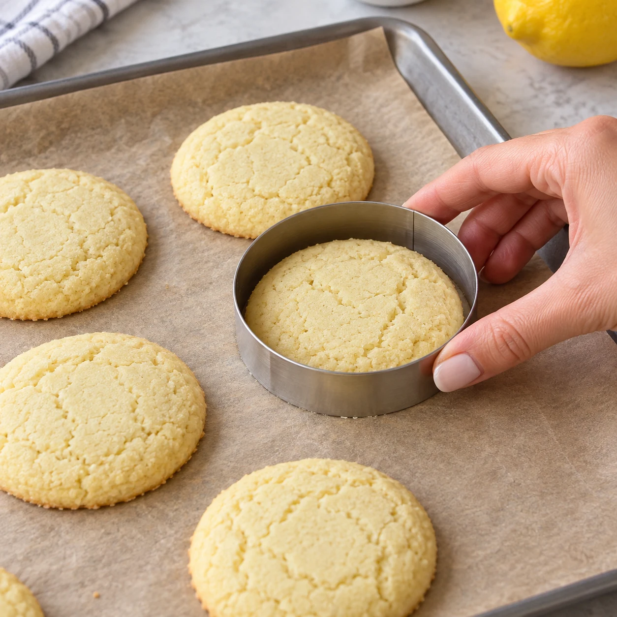 Main anonyme tenant un cercle autour d’un cookie pâle sur papier cuisson ; aucune pression sur le dessus.