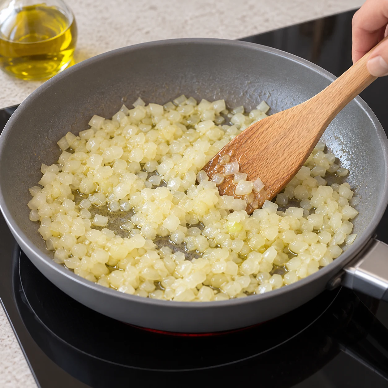 Faites revenir les oignons dans les 3 càs d’huile d’olive à la poêle.