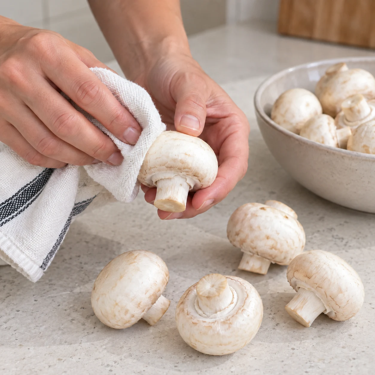 Champignon nettoyé avec un linge ; champignons seuls.
