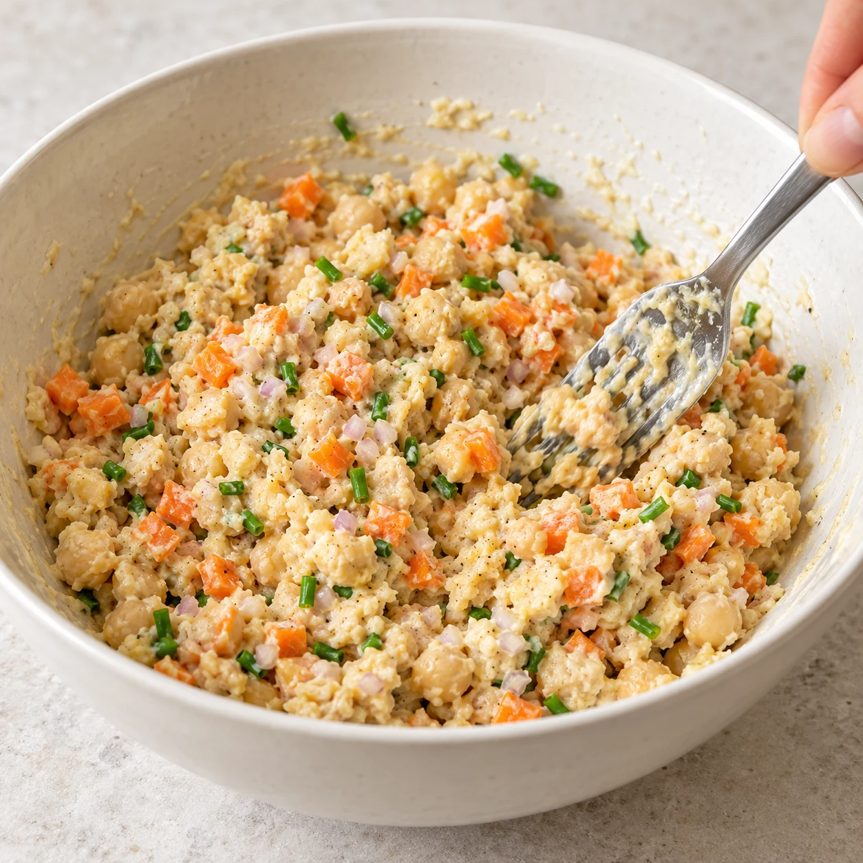 Mélange à la fourchette de pois chiches écrasés beige, petits dés de carotte orange, échalote et ciboulette, légèrement crémeux.