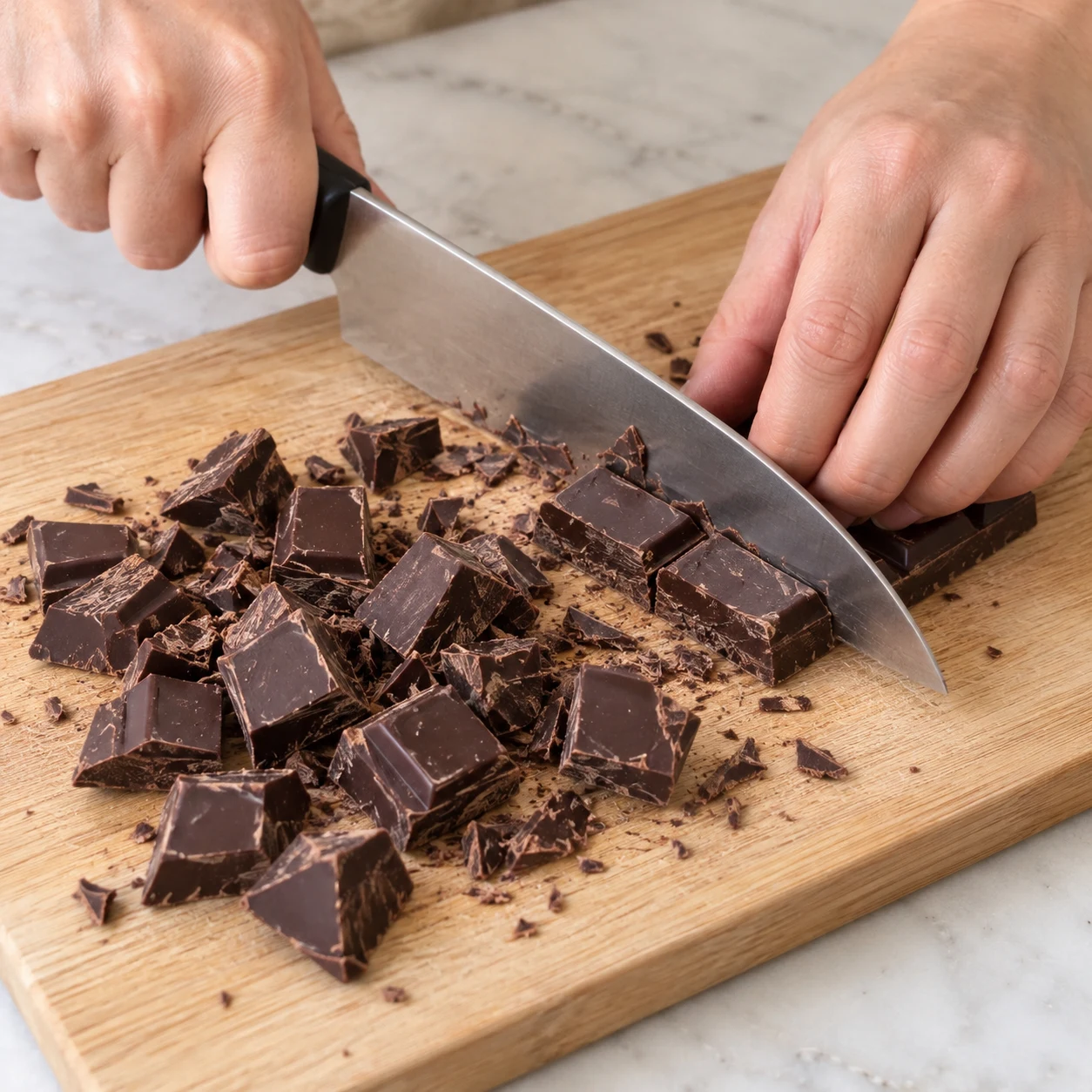 Mains anonymes coupant une tablette de chocolat noir, gros morceaux sur une planche stable, prise sûre.