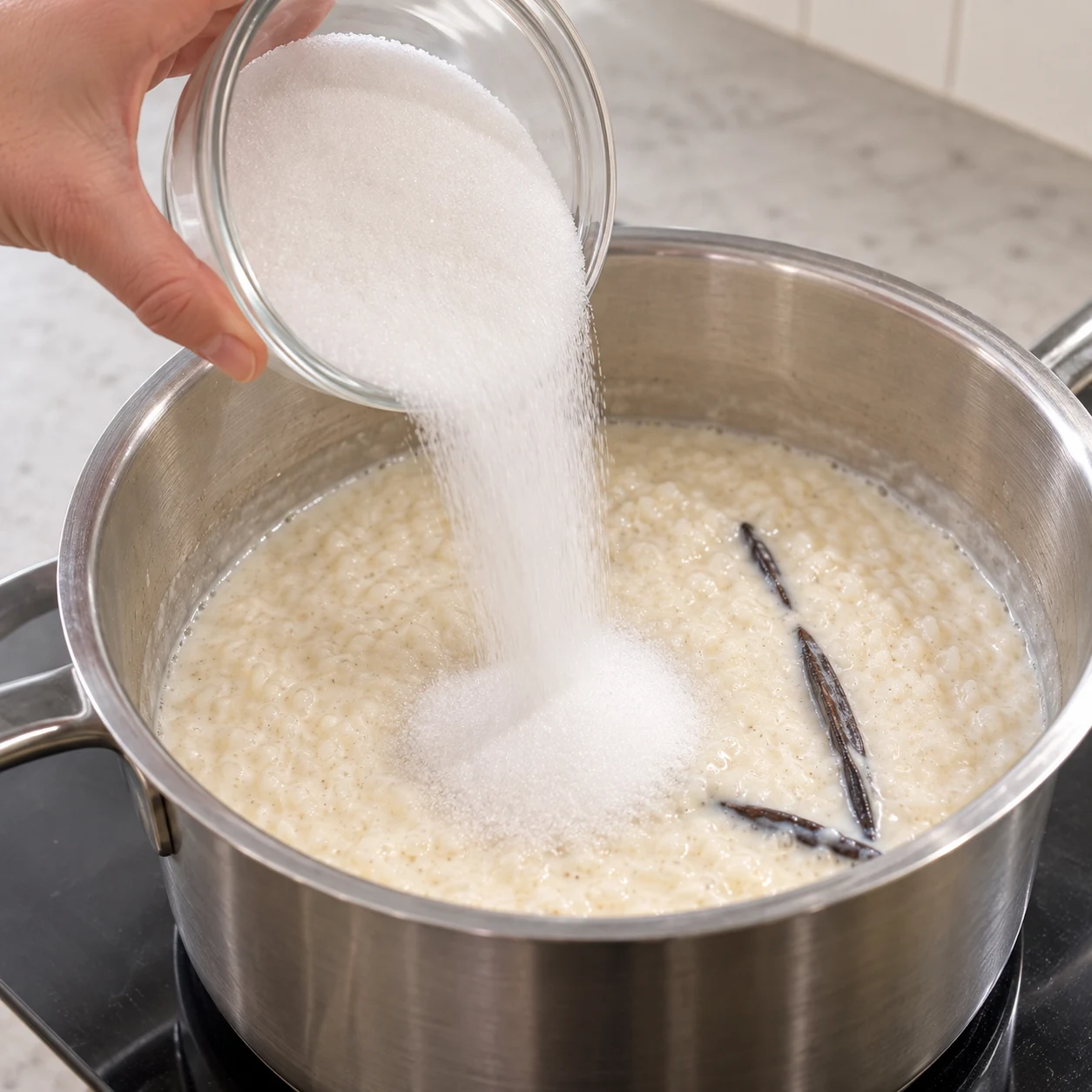 Sucre blanc versé dans la casserole de riz vanillé.