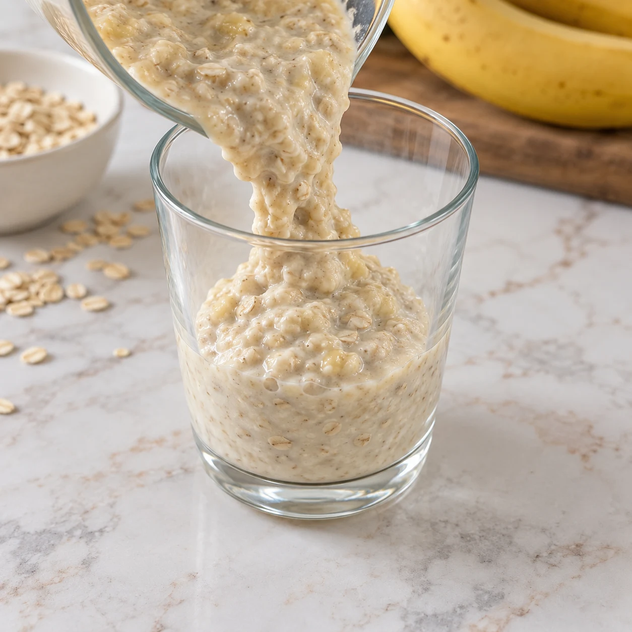 Base avoine et banane versée dans un verre transparent, sans couche supérieure.