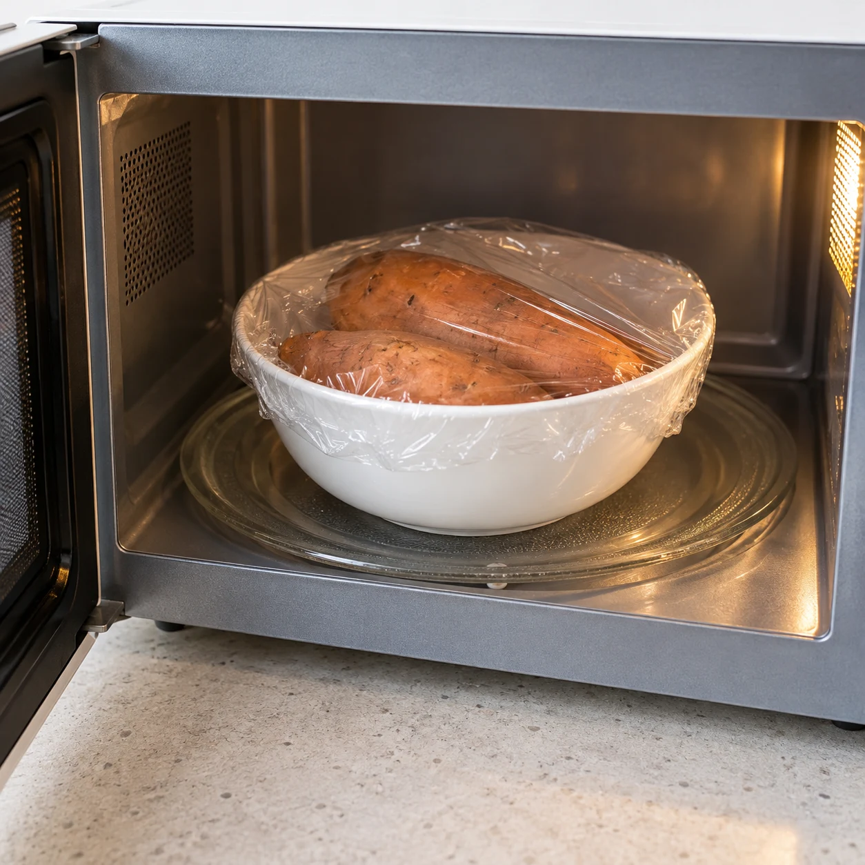 Patate douce dans un bol adapté avec couverture compatible micro-ondes, sans texte ni écran numérique.