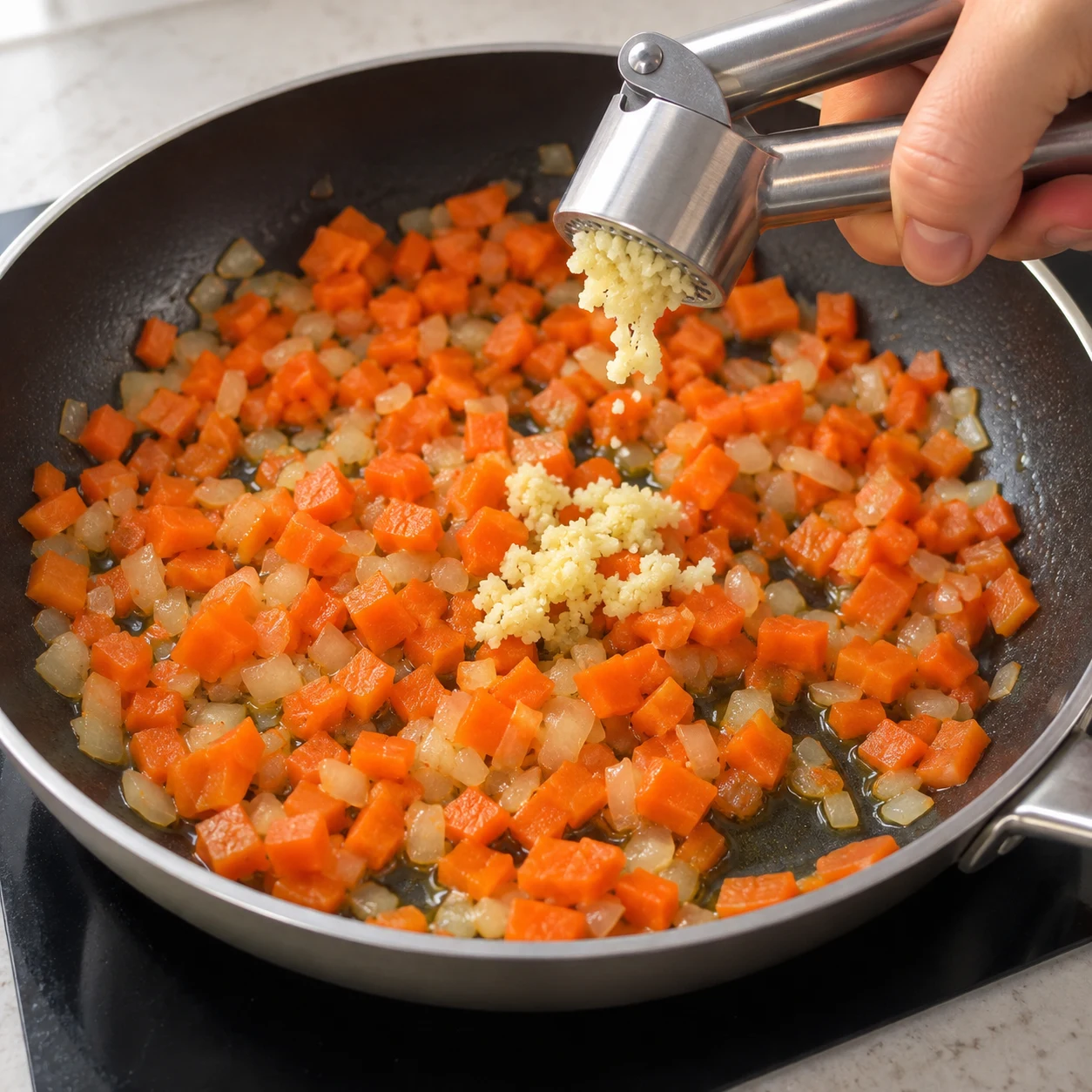 Presse-ail au-dessus d’une poêle de carottes et oignons, sans couteau près des doigts.