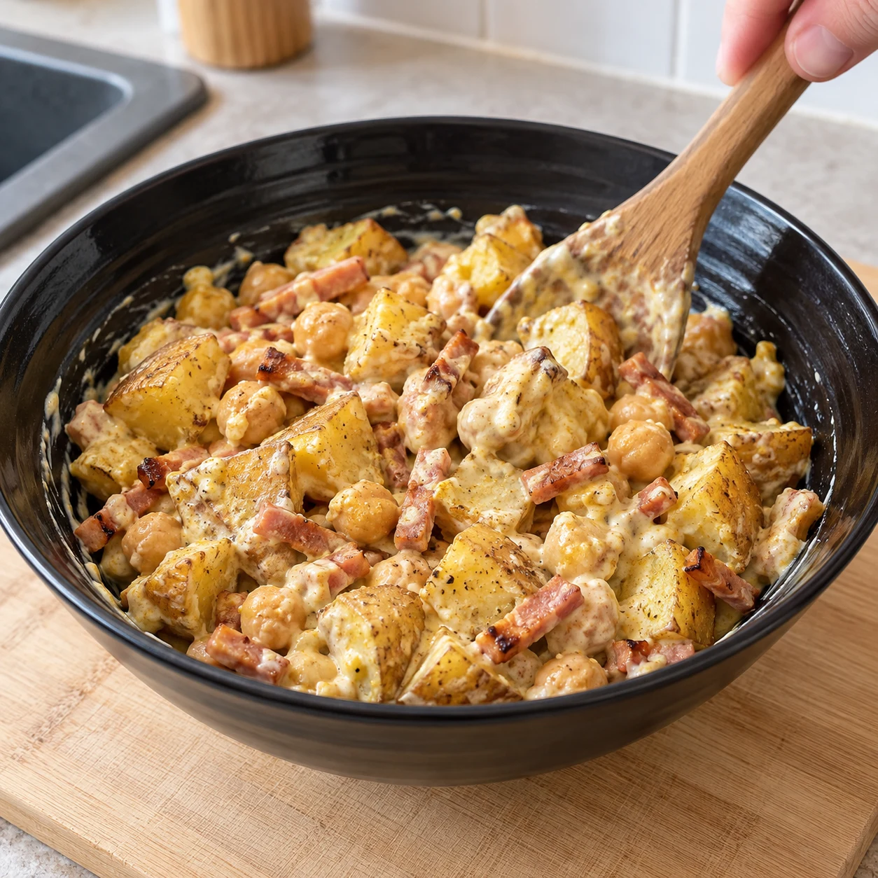 Cuillère mélangeant doucement un bowl crémeux de pommes de terre, lardons végétaux rosés et pois chiches écrasés.