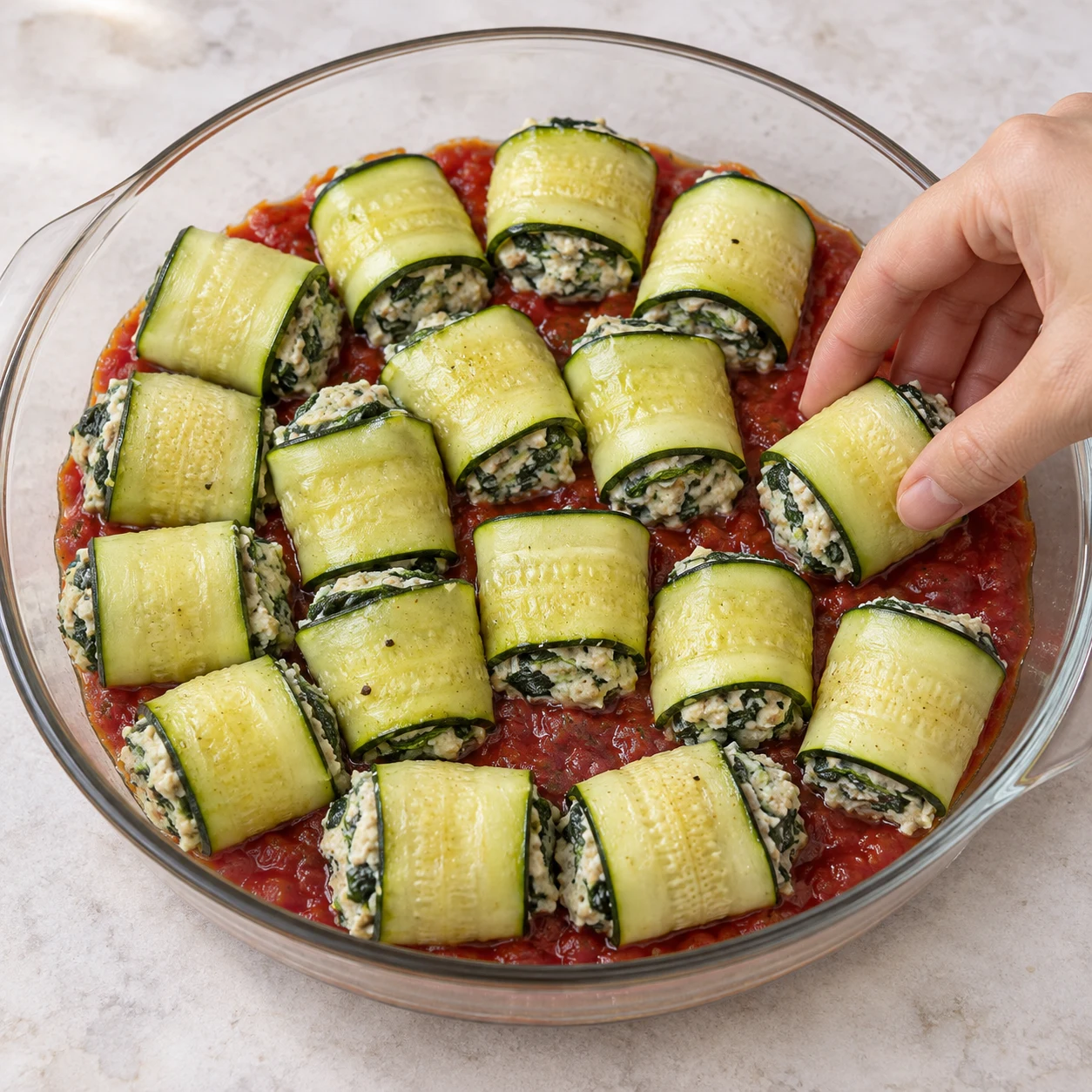Disposer les rouleaux : Les rouleaux sont côte à côte et conservent leur forme. Une seule phase culinaire, plan de travail pierre pâle, lumière naturelle, aucun texte.