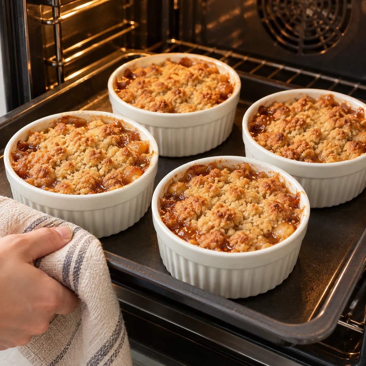Ramequins cuits avec couverture de crumble bien dorée et fruits bouillonnants.