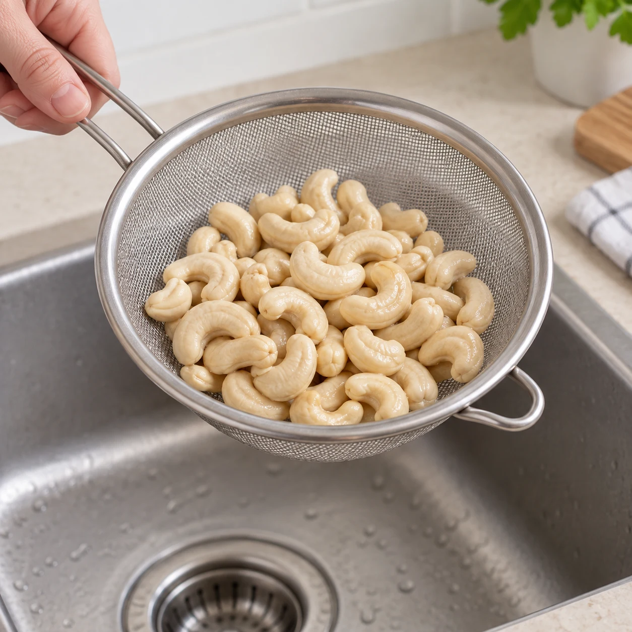 Une passoire contient des noix de cajou assouplies ; l’eau de trempage est égouttée.