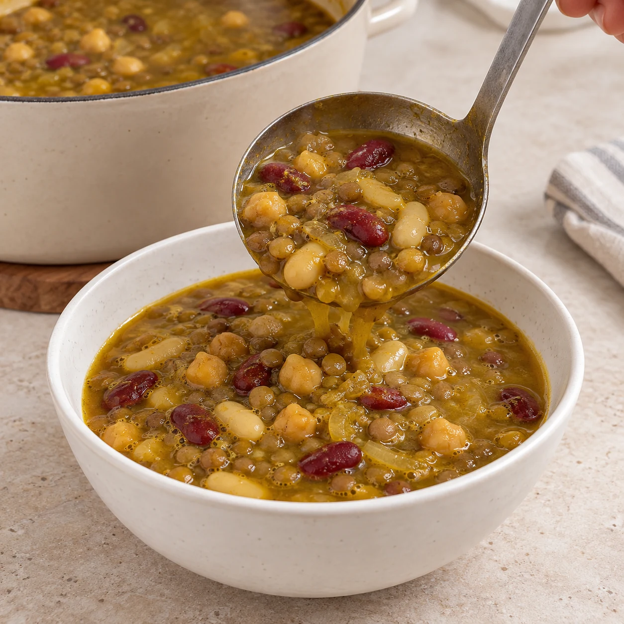 Sers la soupe chaude, avec ses cinq légumineuses et son bouillon épaissi par les pois cassés. Tu peux l’accompagner de riz ou de pain plat. Résultat attendu : Le bol contient un bouillon épicé, des haricots rouges et blancs tendres, des pois chiches et des lentilles.