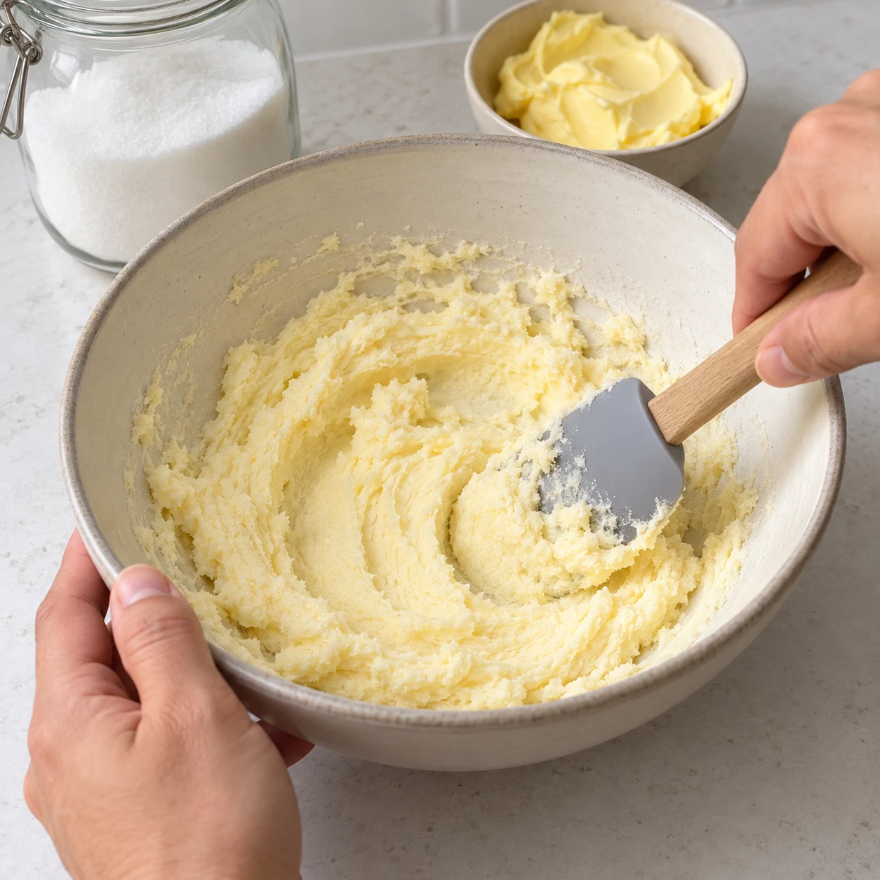 Une main anonyme travaille à la spatule une margarine souple et du sucre blanc dans un saladier.