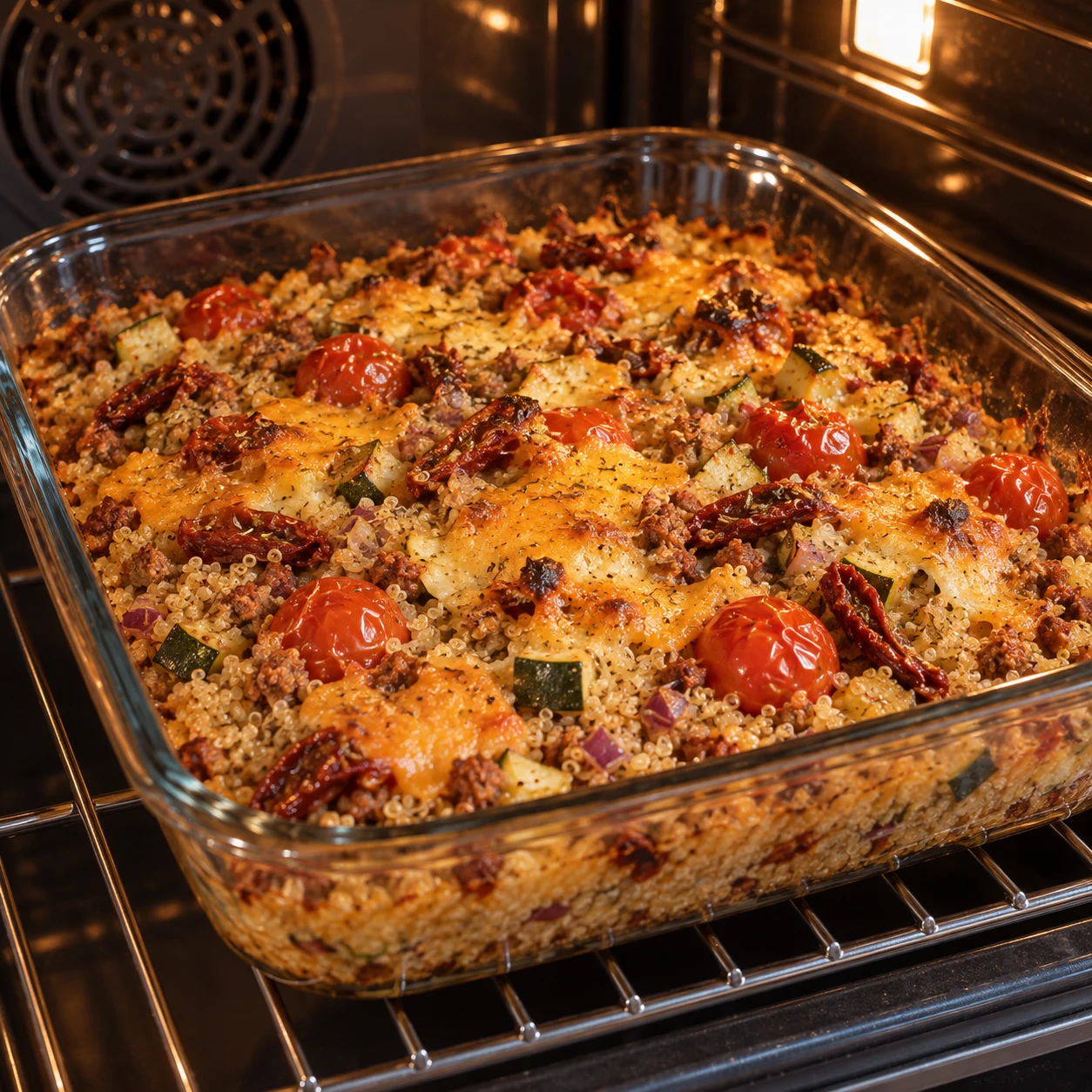 Retire la couverture, puis poursuis la cuisson à 200 °C pendant 10 à 15 minutes, jusqu’à ce que le dessus soit doré et le quinoa tendre. Montrer uniquement les ingrédients déjà introduits ; cadrage rapproché, mains anonymes si utiles.