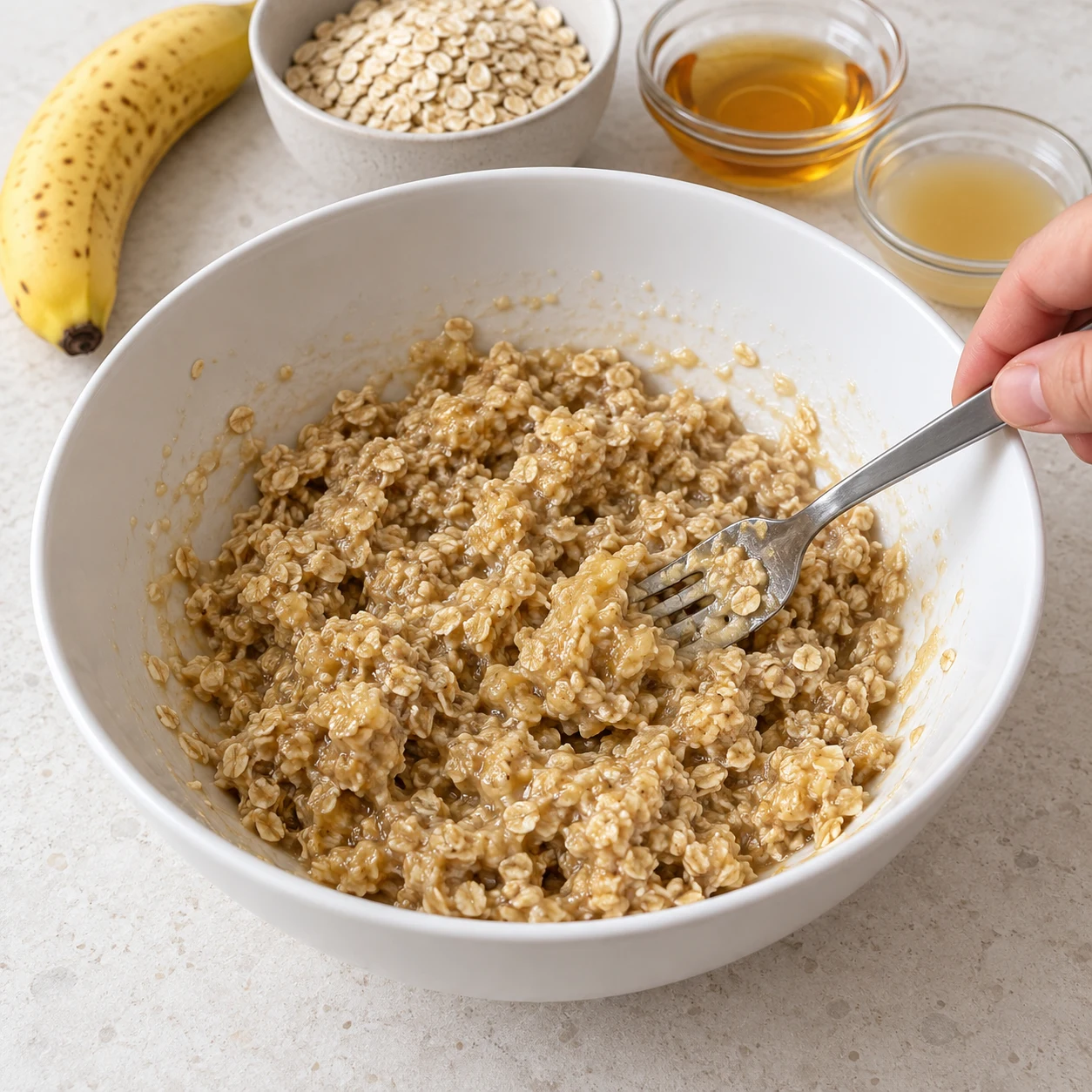 Ajoute les 200 g de flocons d’avoine, les 4 càs de sirop d’agave et les 30 g d’aquafaba à la purée de banane. Mélange à la fourchette. Une seule photographie carrée, une seule phase.