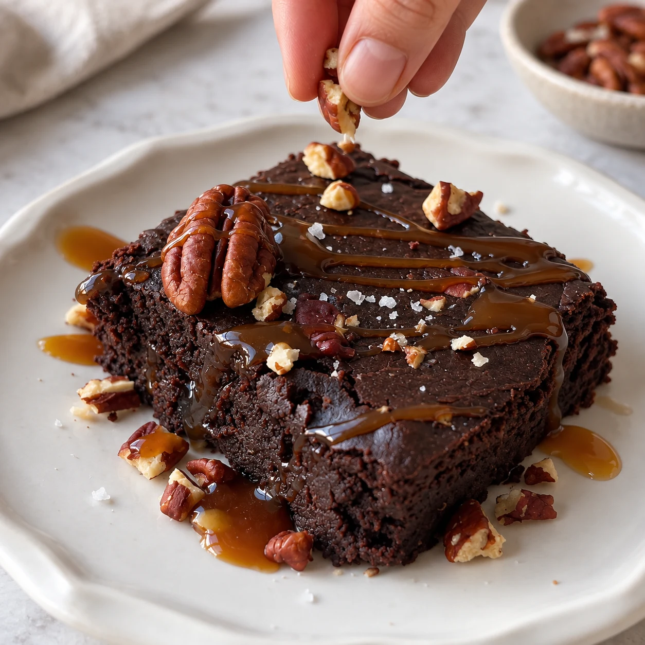 Part de brownie dense avec noix de pécan, quelques cristaux de fleur de sel et un peu de caramel. Chocolat noir à 70 %, couleur sombre ; adaptation documentée de la source.