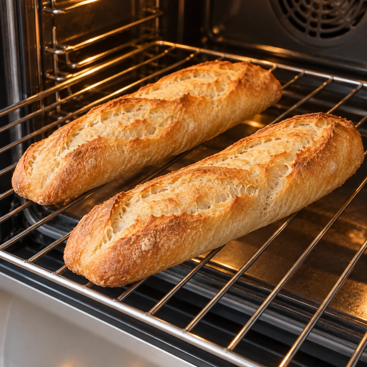 Pain blanc entièrement cuit à croûte dorée dans un four, sans autre ingrédient, avant la découpe en tranches.