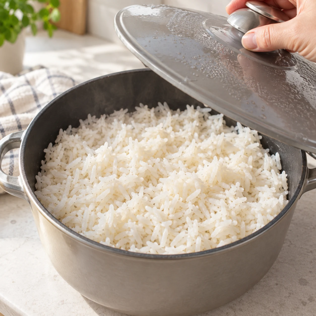 Laisse le riz égoutté reposer à couvert 15 minutes conformément à la notice du paquet. Résultat : Les grains de riz se séparent après le repos à couvert.
