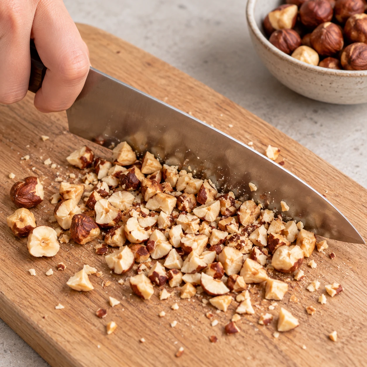 Noisettes grillées concassées sur une planche ; pas de lentilles ni de crème.