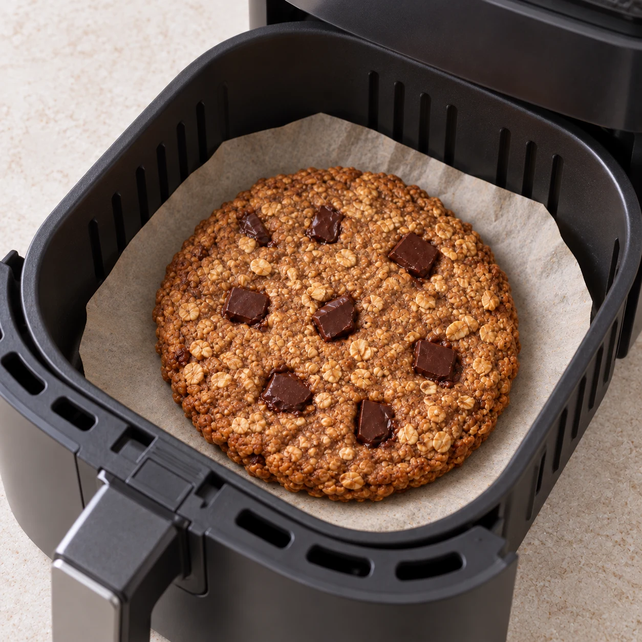 Le panier ouvert de l’air fryer montre un seul cookie cuit, flocons visibles et quelques pépites. Aucune main dans le panier chaud.