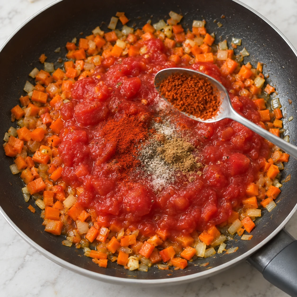 Poêle de carottes oignons et tomates rouges, petite cuillère d’épices moulues en cours d’ajout.